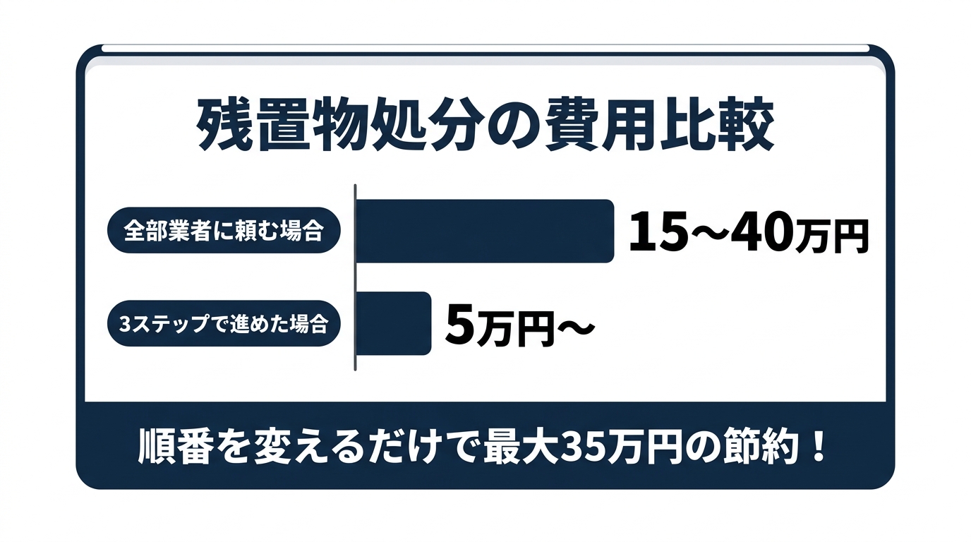 残置物処分の費用比較：全部業者15〜40万円 vs 3ステップ5万円〜 最大35万円の節約