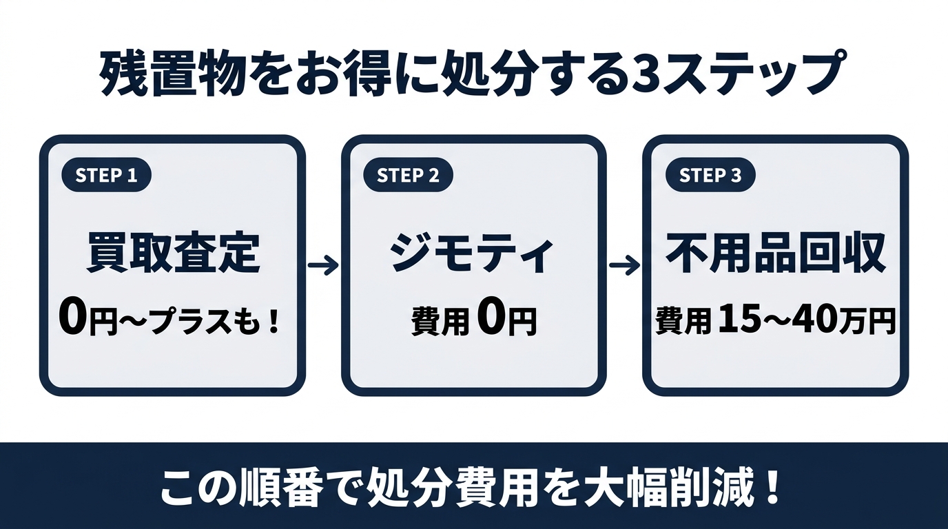 残置物をお得に処分する3ステップ：買取査定0円〜プラスも→ジモティ費用0円→不用品回収費用15〜40万円