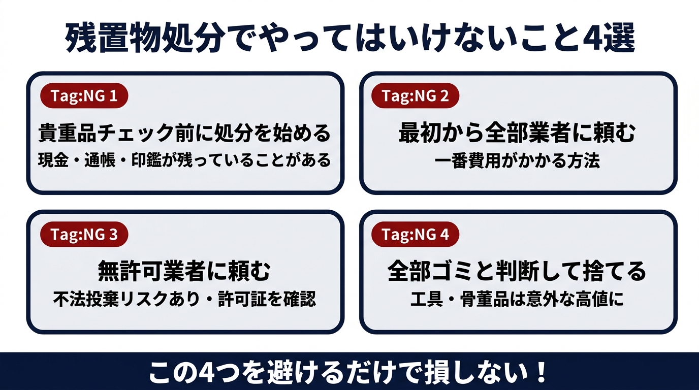 残置物処分でやってはいけないこと4選：貴重品チェック前に処分・全部業者に頼む・無許可業者・全部ゴミ判断