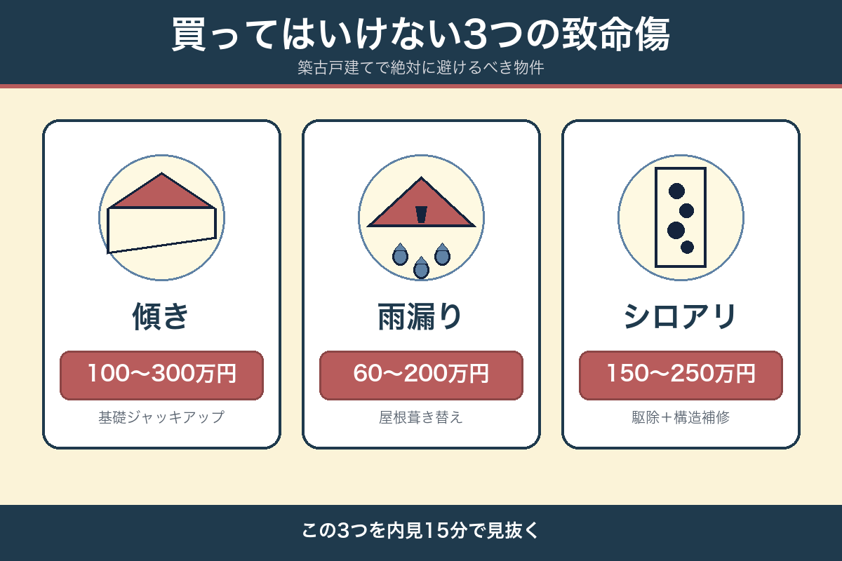 ボロ戸建て投資で買ってはいけない3つの致命傷(傾き・雨漏り・シロアリ)と修繕費レンジ