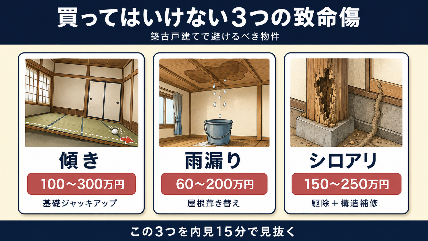 ボロ戸建て投資で買ってはいけない3つの致命傷(傾き・雨漏り・シロアリ)と修繕費レンジ
