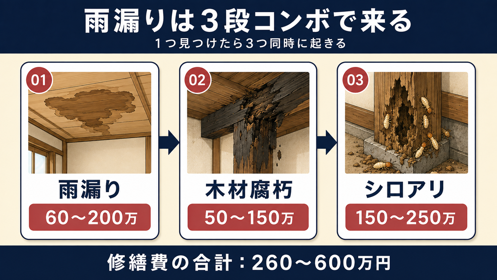 雨漏り→木材腐朽→シロアリの三段コンボと修繕費総額260〜600万円