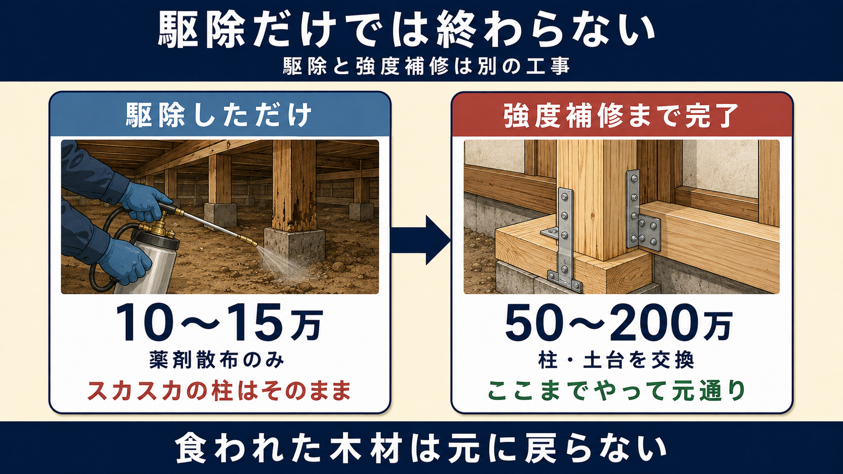 シロアリ駆除10〜15万円 vs 構造補修50〜200万円 — 駆除だけでは終わらない